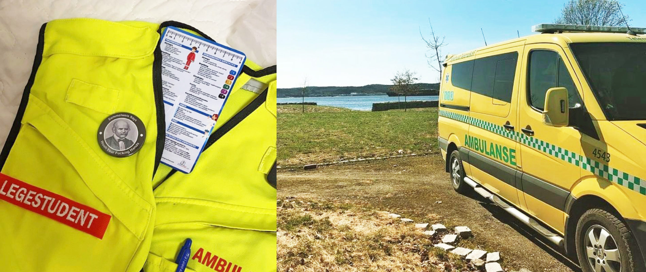 Kollage av ambulanseuniform, medisinsk referansekort fra Cingulum og ambulansebil, Cingulum