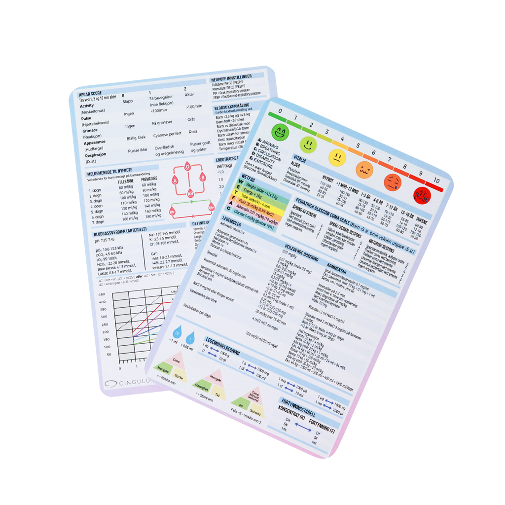 pediatrisk referansekort for helsepersonell og studenter, laget av Cingulum